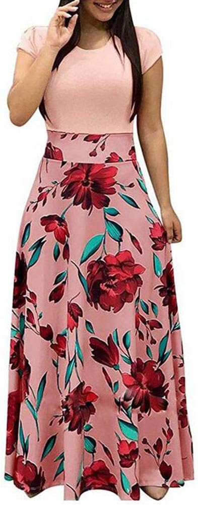 Abolai Women Boho Maxi Dress Casual Irregular Solid Pocket Party Loose Short Sleeve Cotton Viscose Dress Kaftan Style3 Pink M