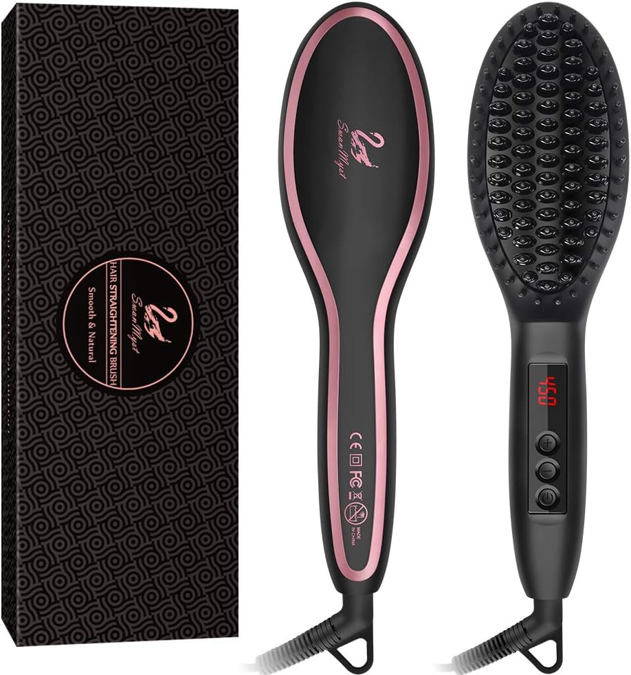 Hair Straightening Brush, SwanMyst Ceramic Ionic Hair Straightener Brush Iron with Auto Temperature Lock and Auto Shut-off Function, Universal Dual Voltage, Gift Water-proof Travel Pouch, Matt Black