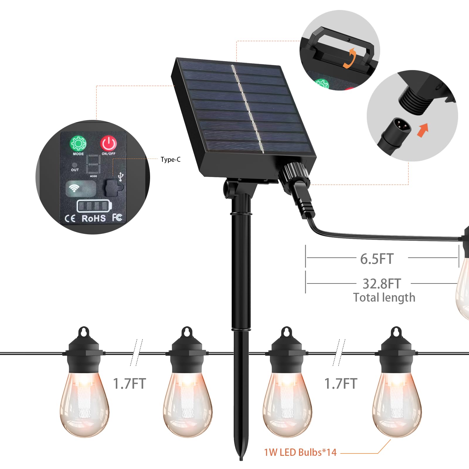 xitubal Solar LED Outdoor String Lights, 37Ft 15 LEDs Bulbs,IP65 Waterproof 8 Lighting Modes,Perfect for Patio, Garden, Halloween,Christmas Decorations