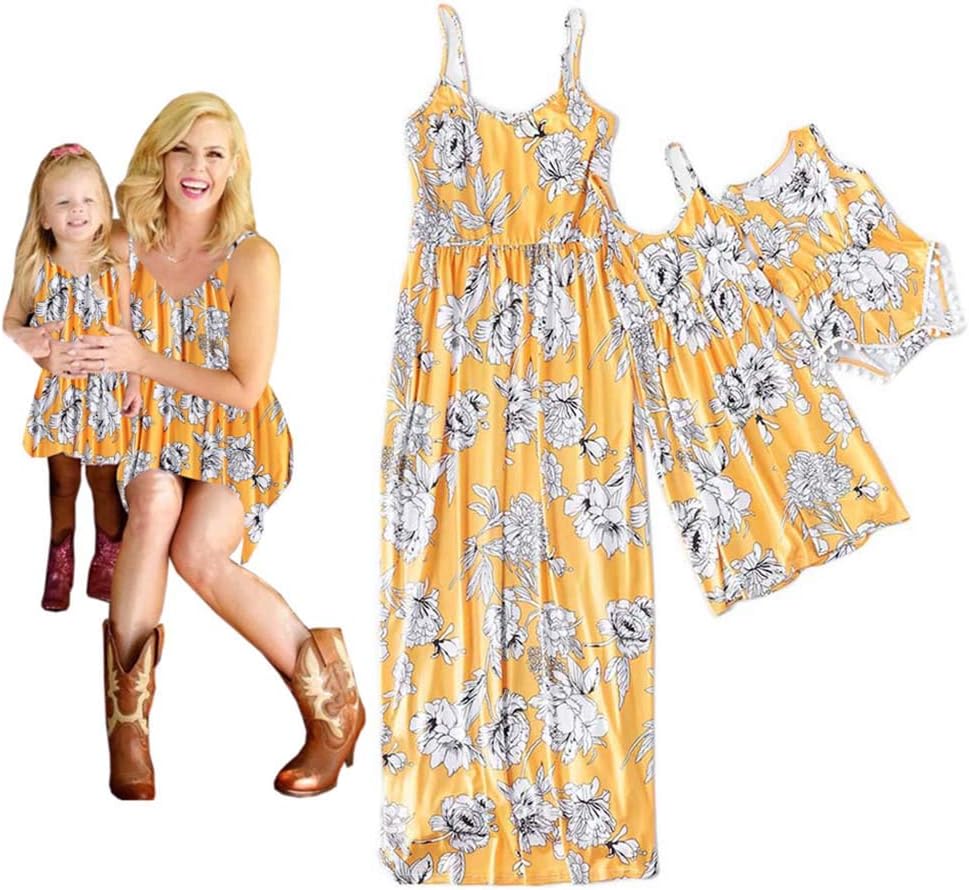 Mommy and Me Leaf Print Sleeveless Vintage Dresses Family Matching Spaghetti Straps Party Beach Maxi Cami Dress
