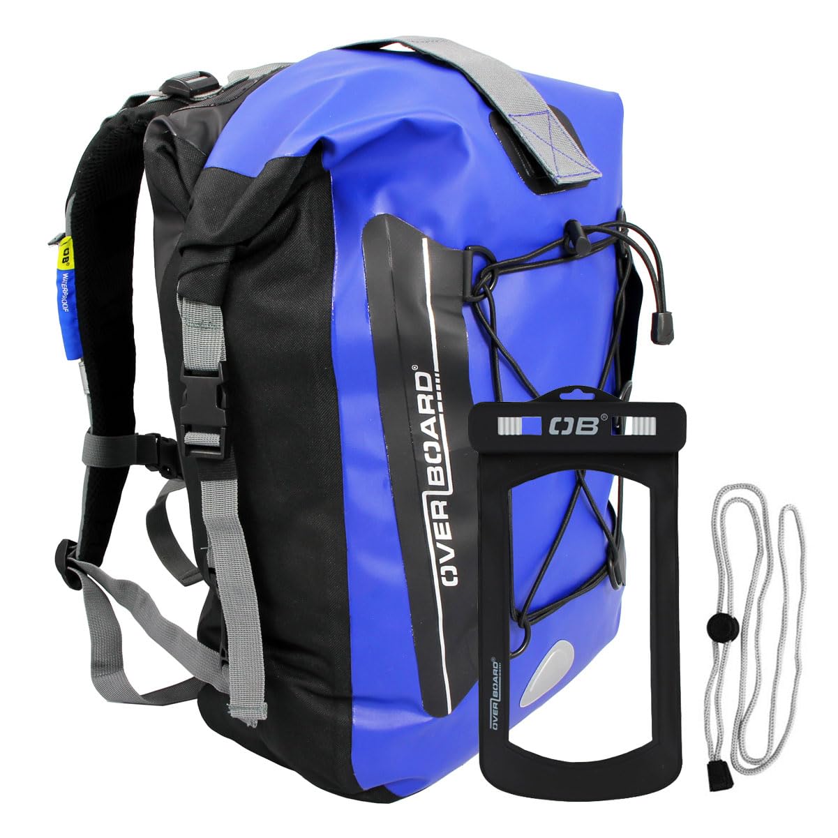 Overboard Original Waterproof Backpack + FREE Phone Case | 30 Liter Floating Pack and Small Phone Case Bundle | 100% Waterproof Dry Bag with 2-Way Roll Top Sealing System (Blue)
