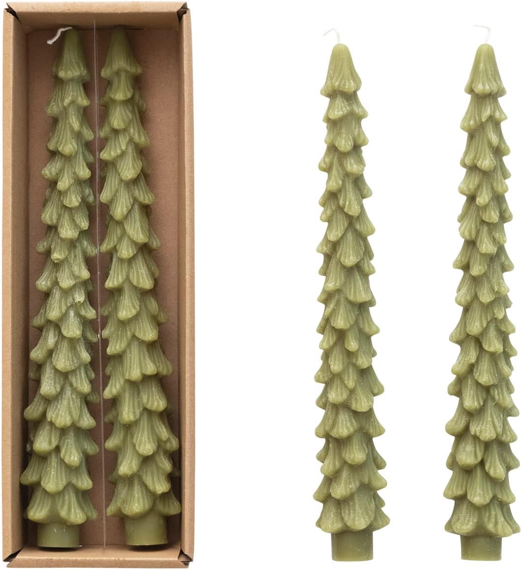 Candles & Holders - Creative Co-Op Unscented Tree Shaped Taper Candles, Cedar Green, Boxed Set of 2