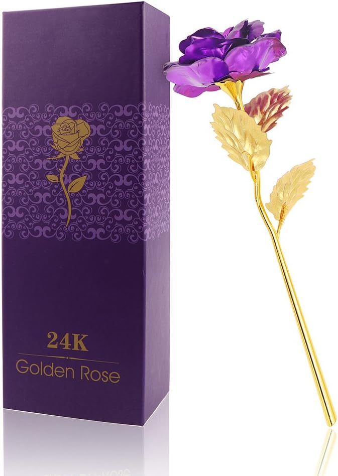 24K Gold Rose Flower with Gift Box, Long Stem Gold Foil Artificial Forever Rose Flower