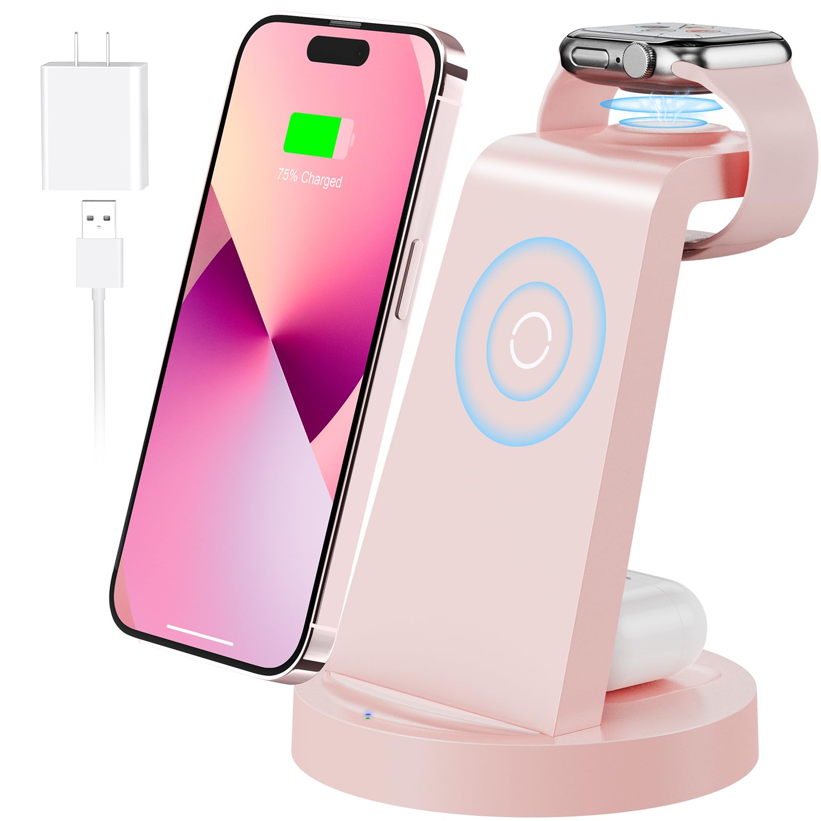 Photo 1 of 3 in 1 Charging Station for Apple Device, Wireless Charger for iPhone 16 15 14 13 12 11 Pro Max & Apple Watch iwatch- Charging Stand Dock for AirPods