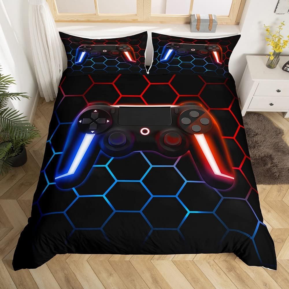 Homewish Gaming Bedding Single for Boys Kids Gamer Duvet Cover,Teens Gradient Indigo Red Game Controller Bedding Set Bedroom Decor Modern Geometric Honeycomb Quilt Cover + 1 Pillow Sham