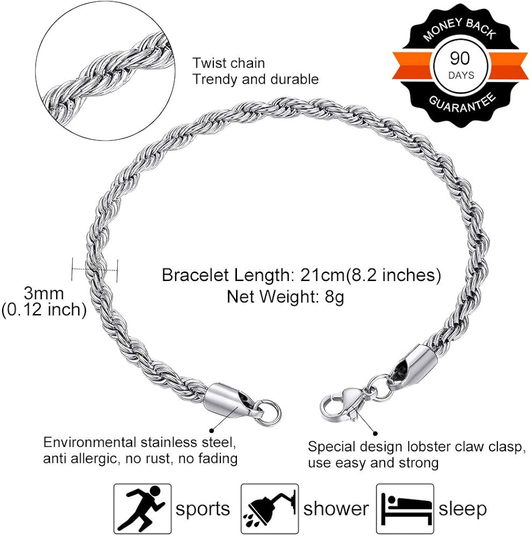 GOLDCHIC JEWELRY 3mm Rope Chain Bracelet, 316L Stainless Steel Boy Chain Link, 21CM, Silver, Gold, 21 cm - Image 5