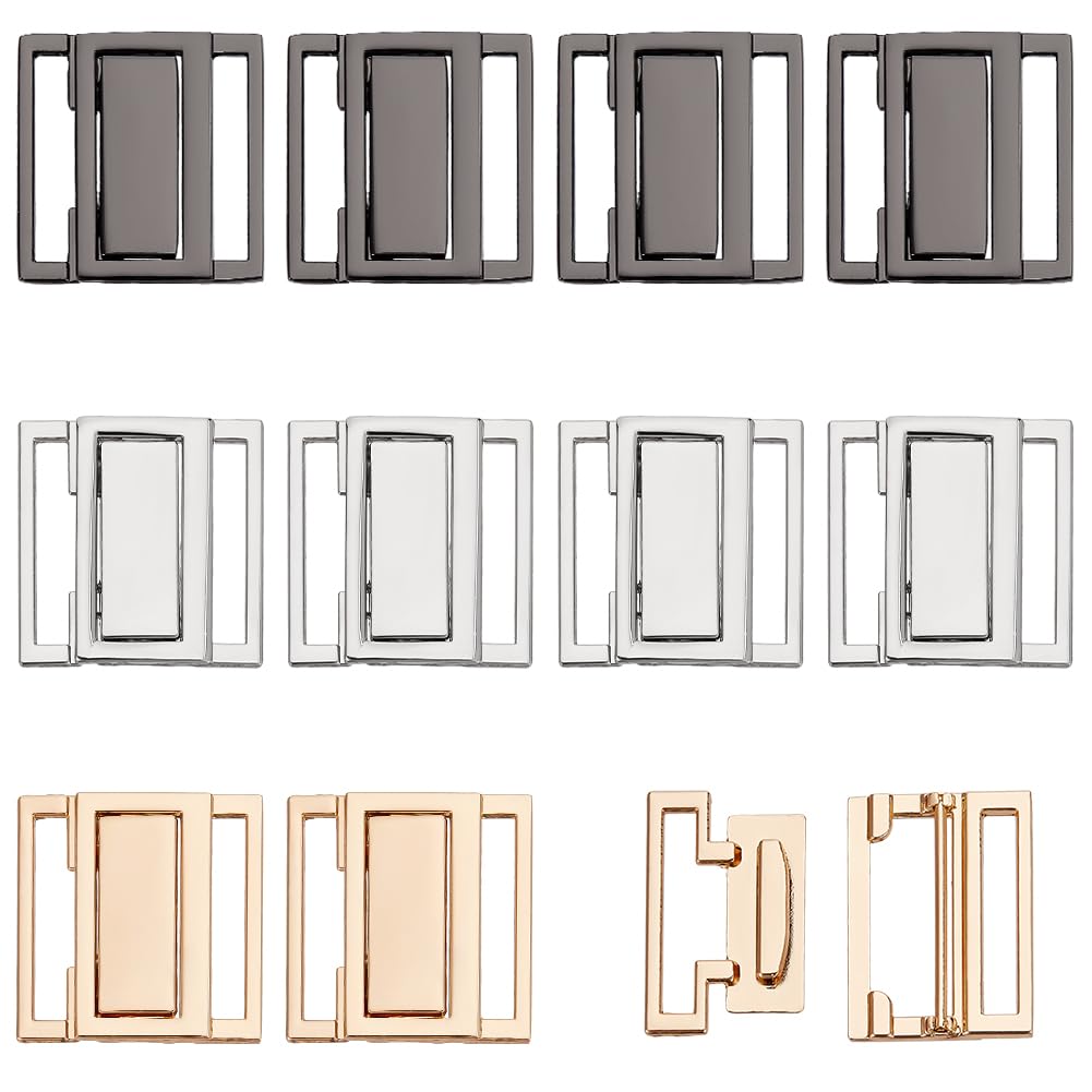 PH PandaHall 12 Sets 3 Colors Front Closing Bikini Clasp Clicker Closure 1 Inch Square Bra Closure Bikini Hook Closure Garment Clasps Bra Buckle for Sewing Lingerie Swimsuit, Golden/Platinum/Gunmetal