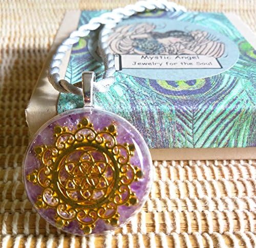 Sacred Geometry Pendant with Genuine Amethyst &amp; Herkimer Diamond Gold