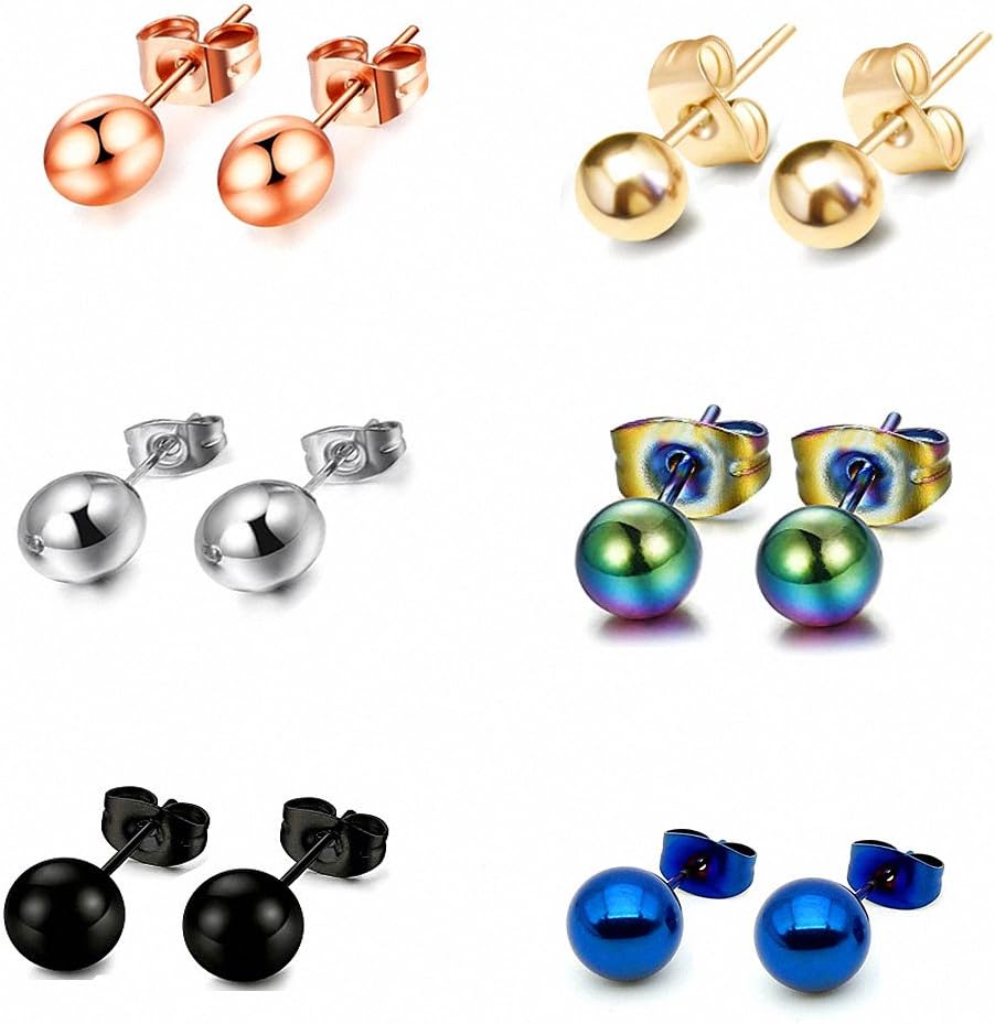 6 Pairs 2-8mm Men Women Stainless Steel Round Ball Stud Earring 6 Colors