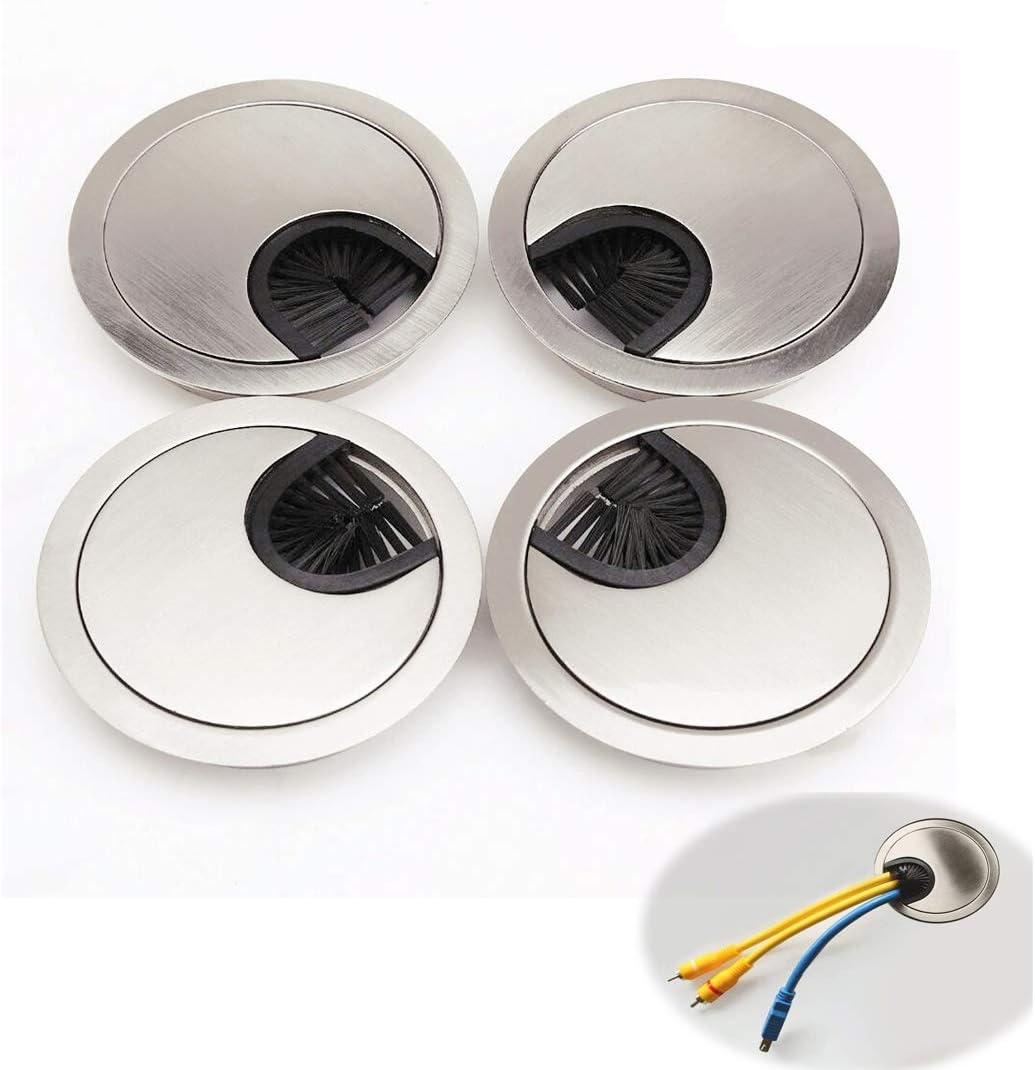 MXD 4X 60mm Desk Table Grommet Zinc Alloy Desk Hole Covers,Computer Desktop Grommets Cable Management Wire Organizers,Round Table Cable Hole Cover for Home Office,Brushed Silver