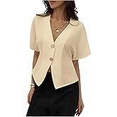GORGLITTER Women's Dolman Short Sleeve Button Up Shirt Blouses Dressy Casual V Neck Office Business Casual Work Tops