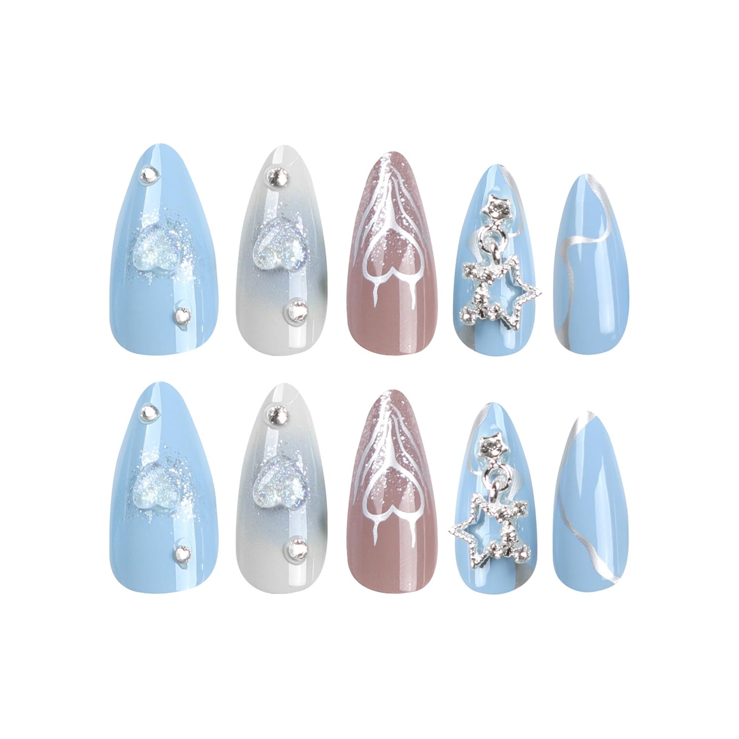 24 Pcs Press on Nails Medium RIICFDD Almond Fake Nails Star Rhinestone Charm Designs Full Cover Stick on Nails Blue Glossy False Nails Glue on Nails for Women Artificial Nails - Image 5
