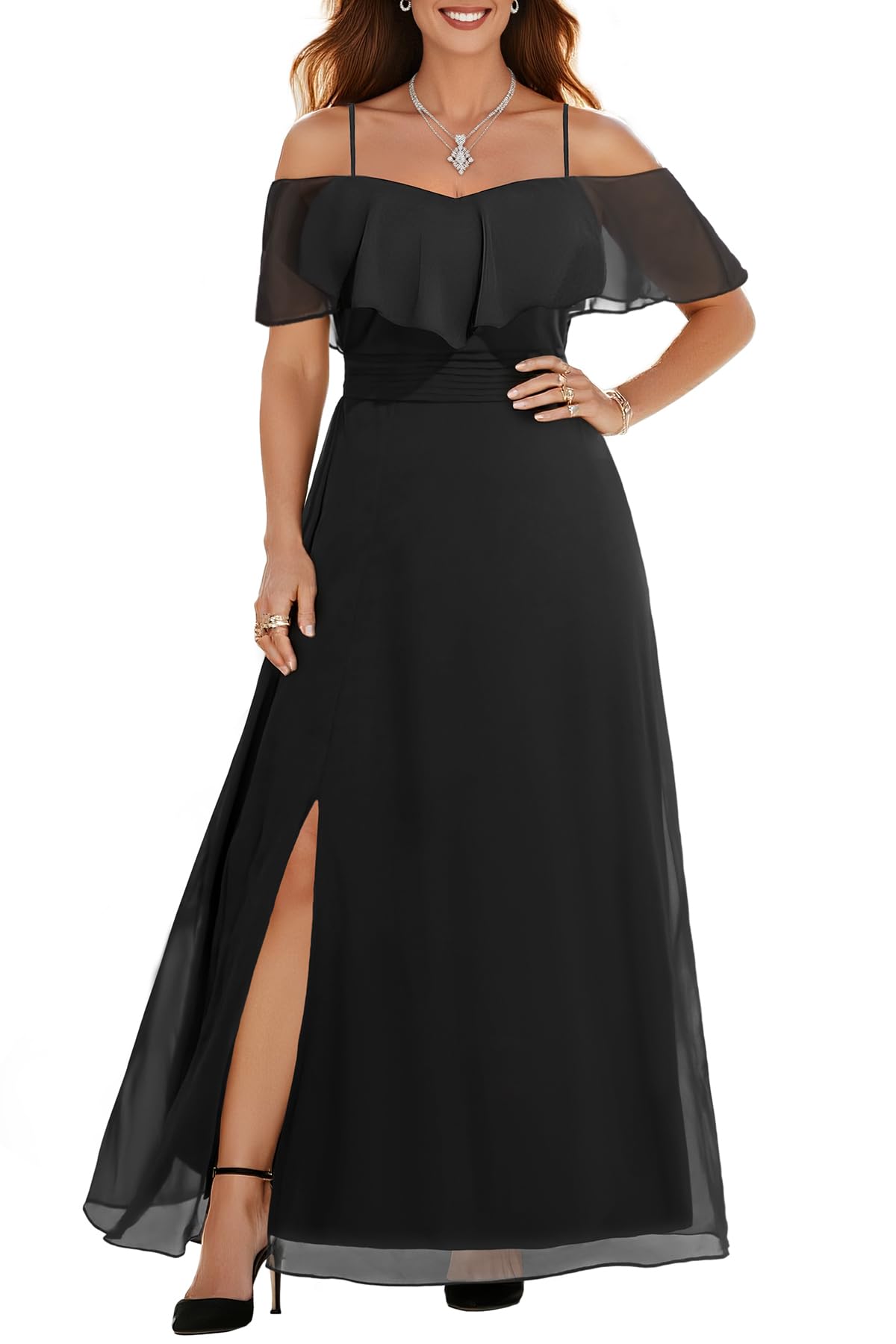 Photo 1 of Women Plus Size Formal Dresses Black Off Shoulder Chiffon Bridesmaid Wedding Guest Side Slit Smocked Aline Long Dress
