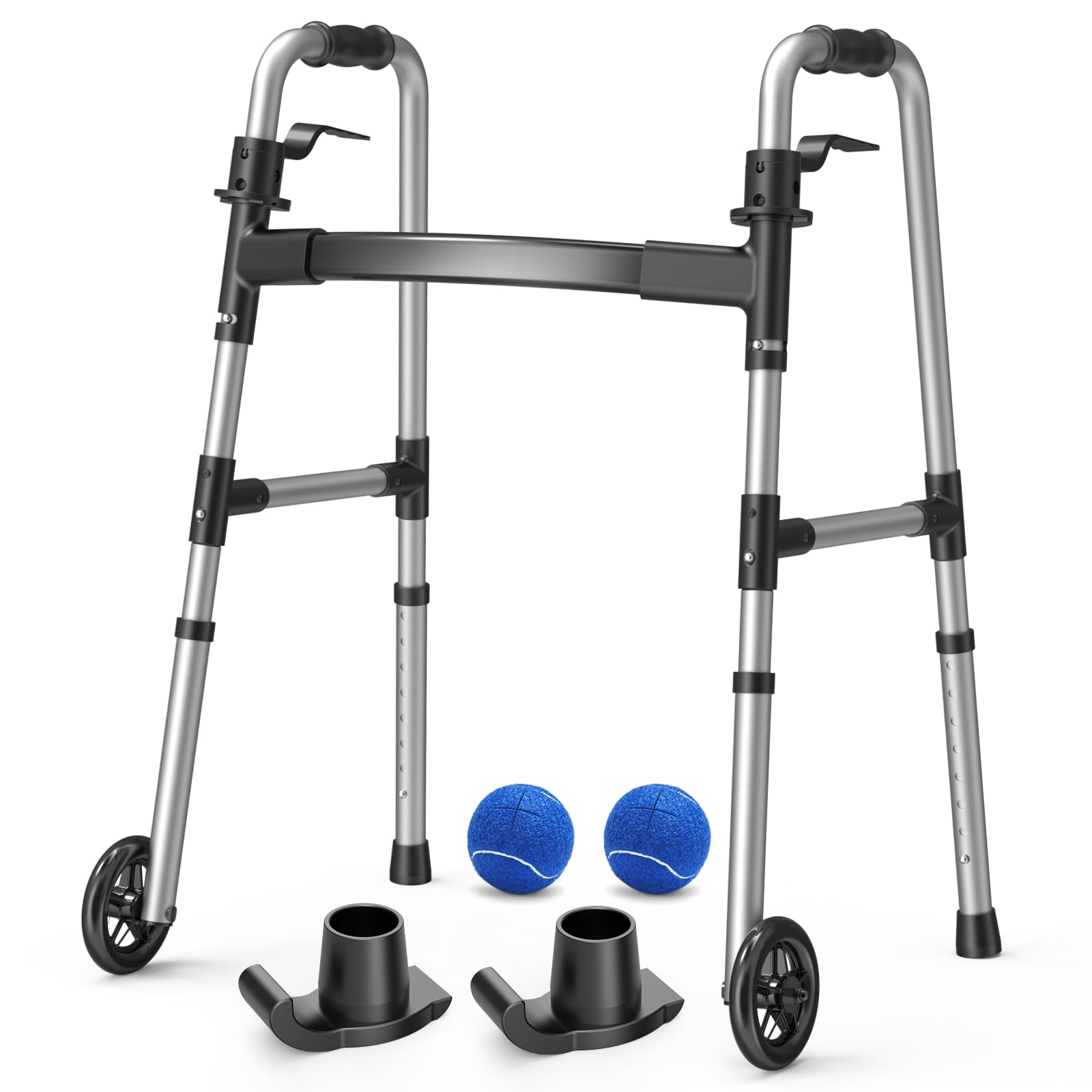 Photo 1 of Loyoda Folding Walker with 2 Precut Tennis Balls, 5" Wheels Lightweight Walkers for Seniors and Adults, Supports Up to 350 Pounds, Adjustable Height, Compact Standard Walker