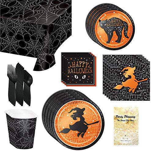 Halloween Party Supplies, Wicked Witch Design with Metallic Accents, 16 Guests, 129 Pieces, Disposable Paper Dinnerware, Plate and Napkin Set