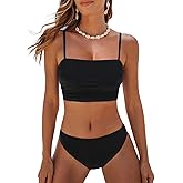 CUPSHE Women's Bikini Sets Two Piece Swimsuit Bandeau Top Square Neck Mid Rise Ruched Bathing Suit Spaghetti Straps