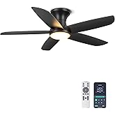 Ohniyou Ceiling Fan with Lights, 46" Flush Mount Ceiling Fans Remote/APP Control - Dimmable, Quiet DC Motor, Indoor Ceiling Fans for Bedroom Kitchen, Black