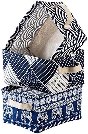 TuuTyss Cotton Linen Foldable Handle Storage Bins Basket for Kids Toys,Towel,clothe Laundry Container,Desk Organizer,Small,Set of 3