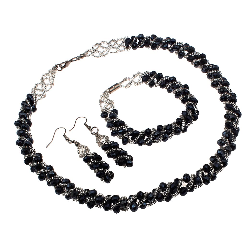 Treasure Bay Women's Crystal Beaded Necklace Set | Chunky Statement manmade Crystal Beaded Necklace, Bracelet and Earring Jewellery Set For Women Girls (Black)