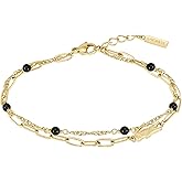 Lacoste Women's Deva Bracelet – Onyx Stone Beads with Twisted & Paperclip Chains – Semi-Precious Stones – Lobster Clasp – Jewelry Gift for Her