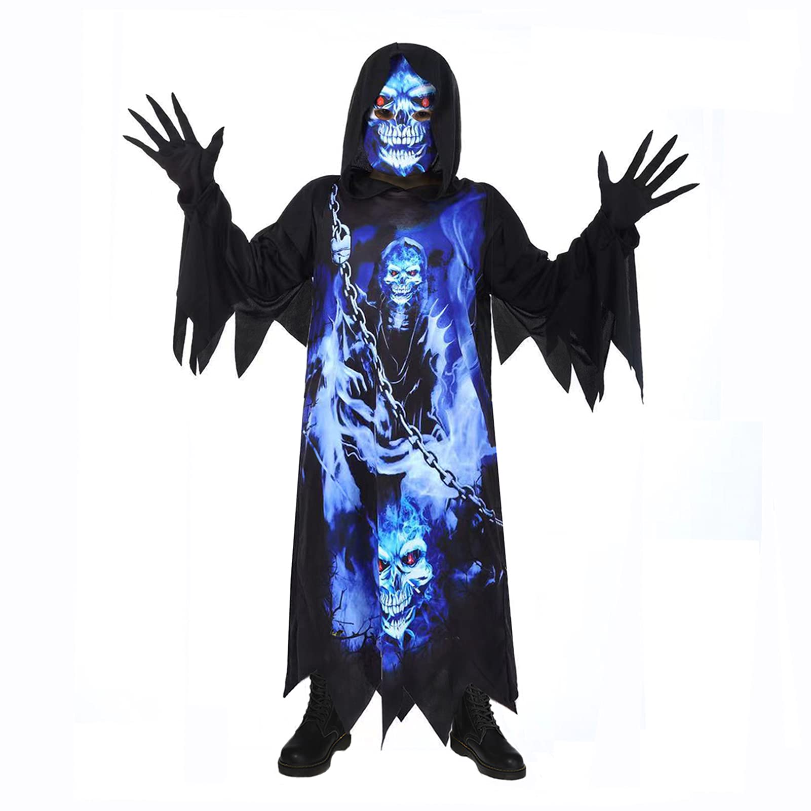 Sincere Party Grim Reaper Costume For Kids,Phantom of the Darkness,Spooky Black Robe with Spooky Gloves,Printed Mask 8-10years.