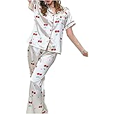SweatyRocks Women's Silk Stain 2 Piece Pajama Set Button Down Short Sleeve Sleepwear and Pants Loungewear
