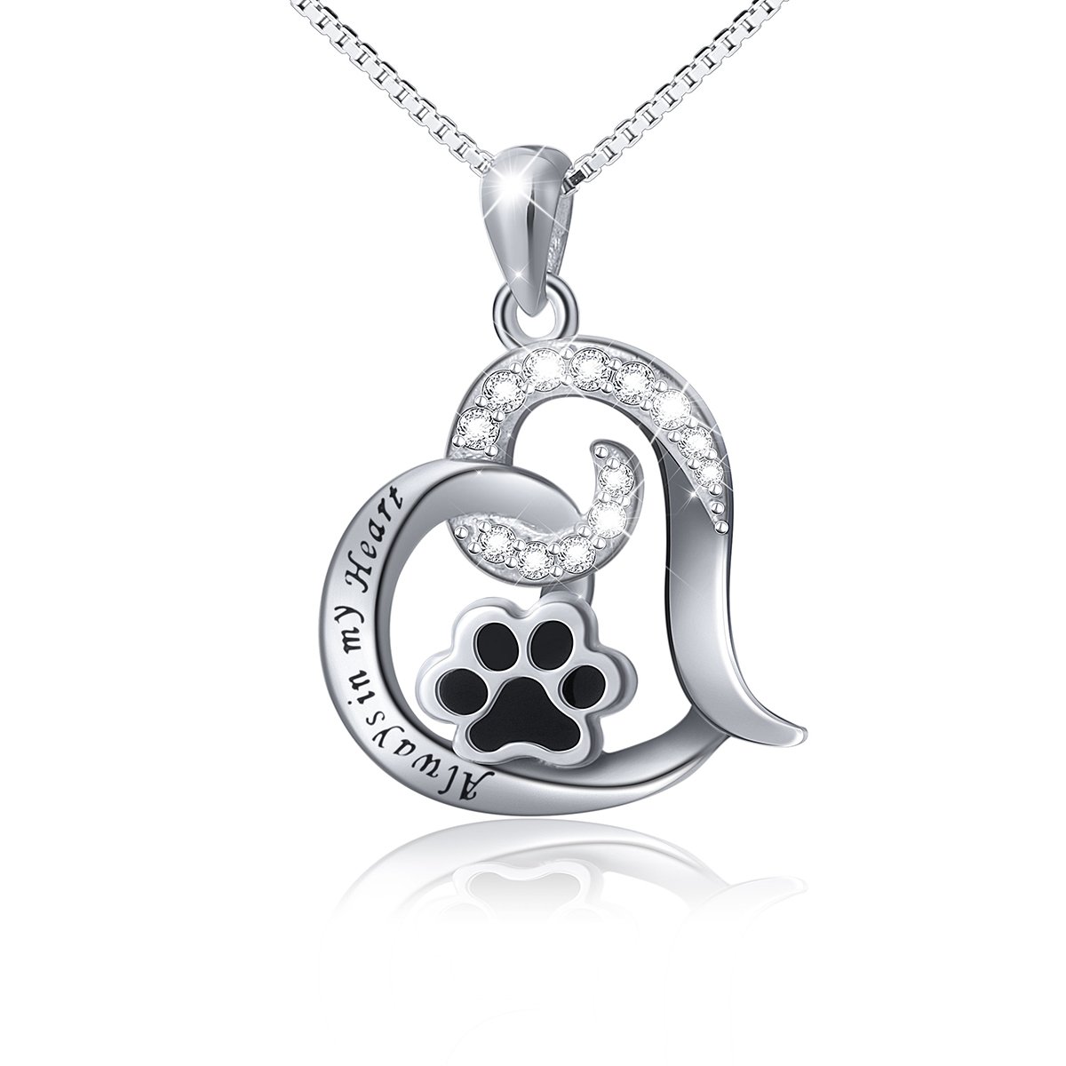DAOCHONG S925 Sterling Silver Cute Pet Paw Print Forever Love Heart Pendant Necklace Gift for Women Girls Pet Lovers, Box Chain 18 Inches