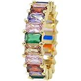 Multicolored Rainbow Statement Eternity Band Ring, Simulated Ruby, Emerald, Pink Diamond CZ, 18k Yellow Gold Filled Plated, Size 6.5