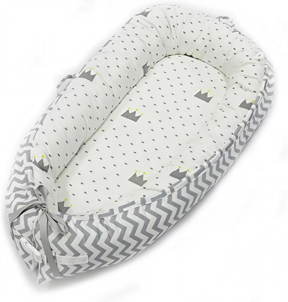 Babify Reversible Baby Nest Crib, 100% Cotton, Non-Allergenic, White and Grey
