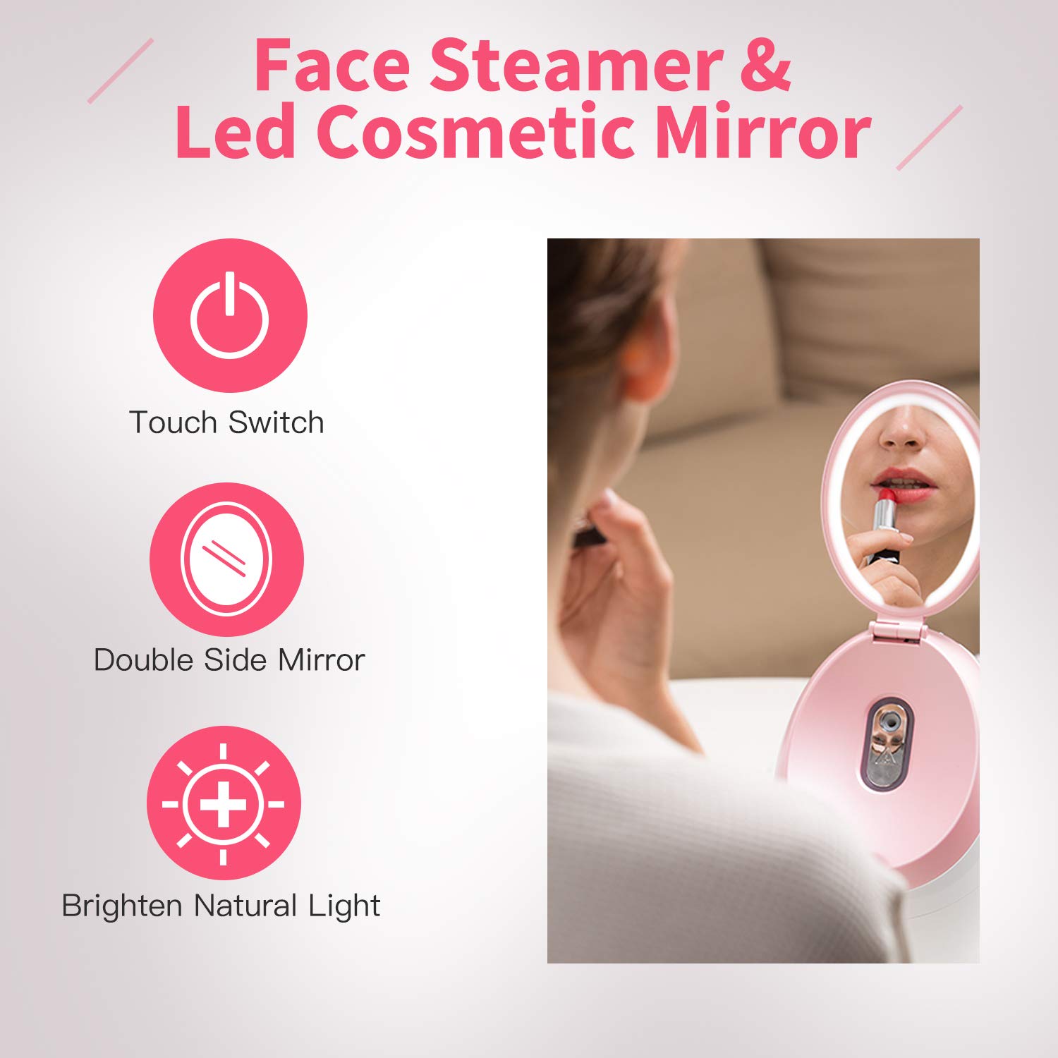 OKACHI GLIYA Nano Mist Face Steamer - Warm Mist Spa Facial Steamer Sprayer with LED Makeup Mirror - Home Sauna Humidifier Deep Moisturizing - Blackhead Remove Pores cleanse (Pink1): Beauty
