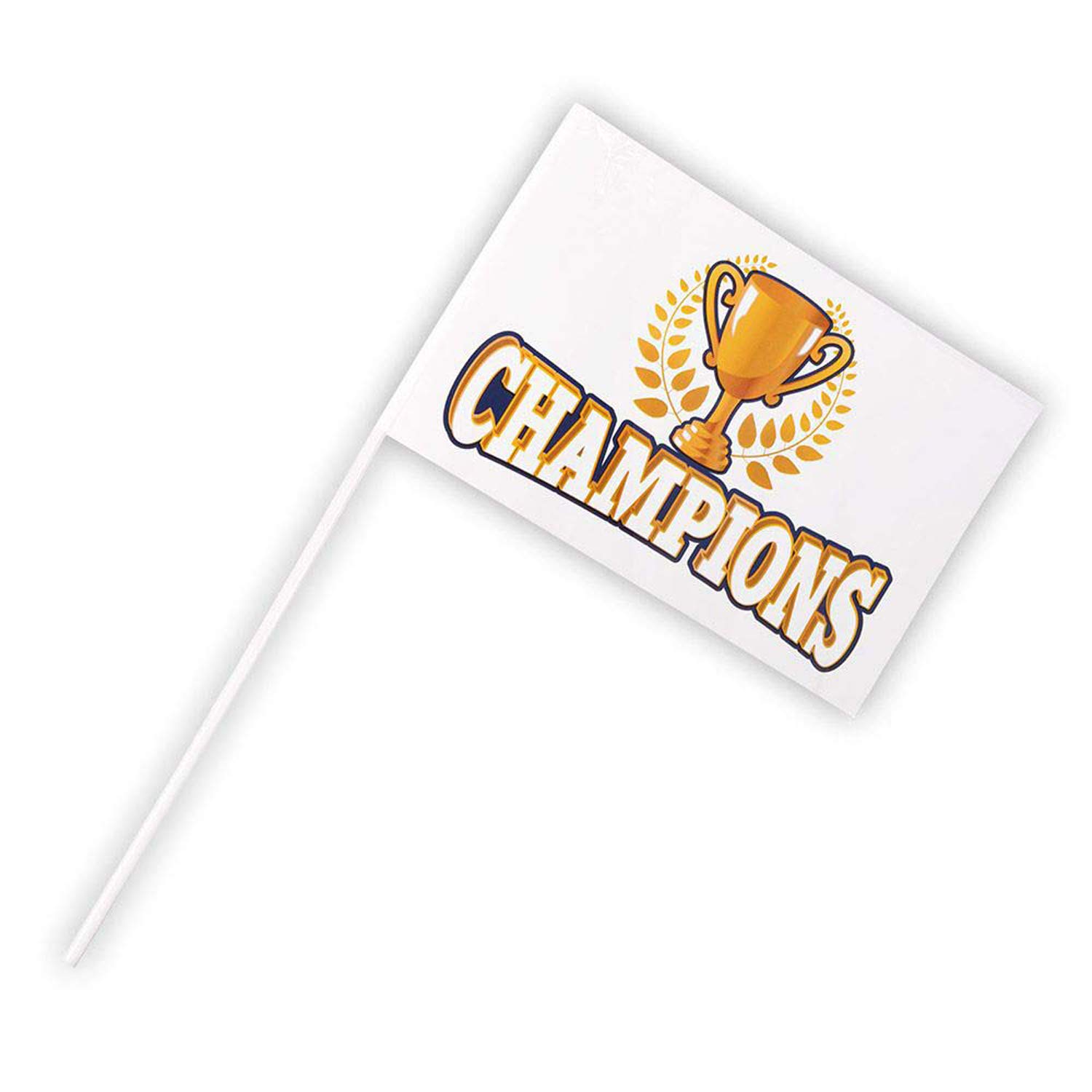 Boland 44773 – Champions flag, size 17 x 25 x 40 cm, on stick, hand flag, with trophy, winner, award ceremony, sports party, cheerleader, party