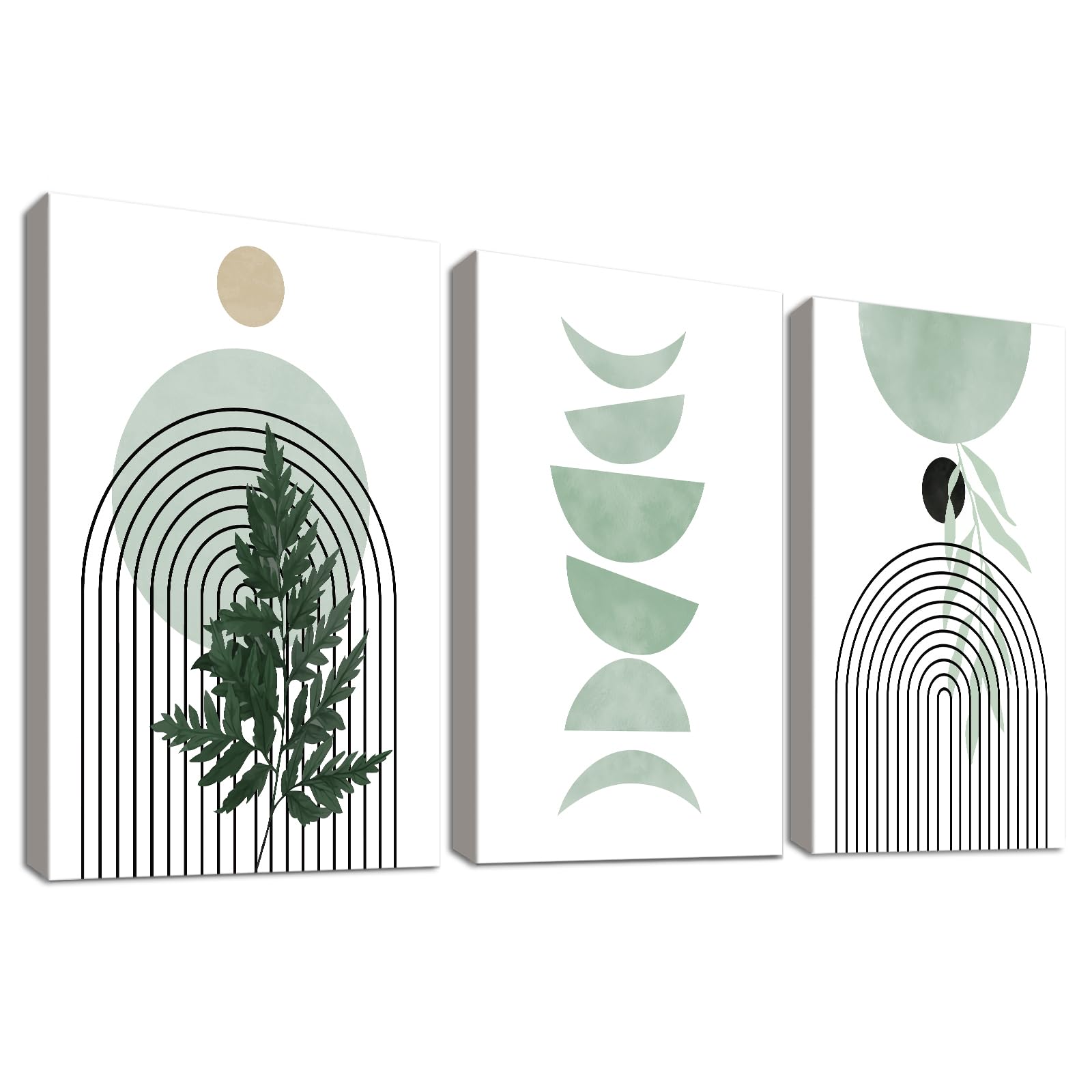 3Pcs Wooden Framed Canvas Wall Art Bohemian Aesthetic Sage Green Canvas Prints Minimalist Abstract Geometric Line Pictures for Living Room Bedroom Dinning Room Hallway Stairs Wall Decor 40x60cm x3pcs
