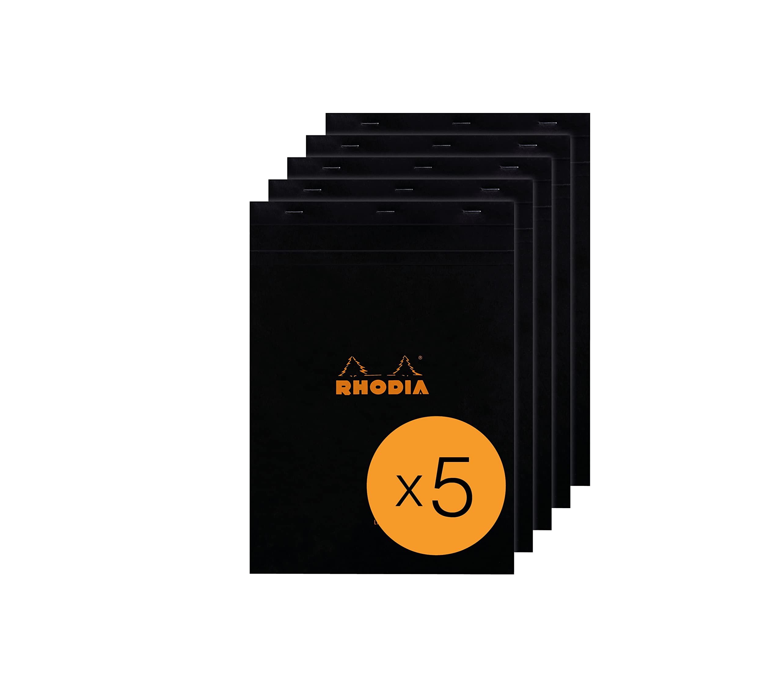 RHODIA 186009C - Stapled Notepad N°18 Black - A4 - Lined - 80 Detachable Sheets - White Clairefontaine Paper 80 g/m² - Coated Card Cover - Pack of 5 pads