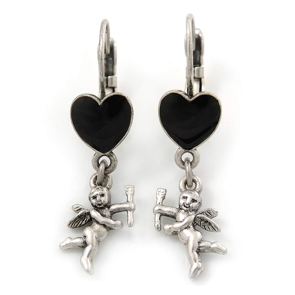 Vintage Inspired Silver Tone Black Enamel Heart, Angel Drop Earrings With Leverback Closure - 40mm Length