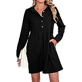 Opemiby Womens Corduroy Dresses Button Up Collared Long Sleeve Fall Winter Casual Mini Babydoll Dress with Pockets