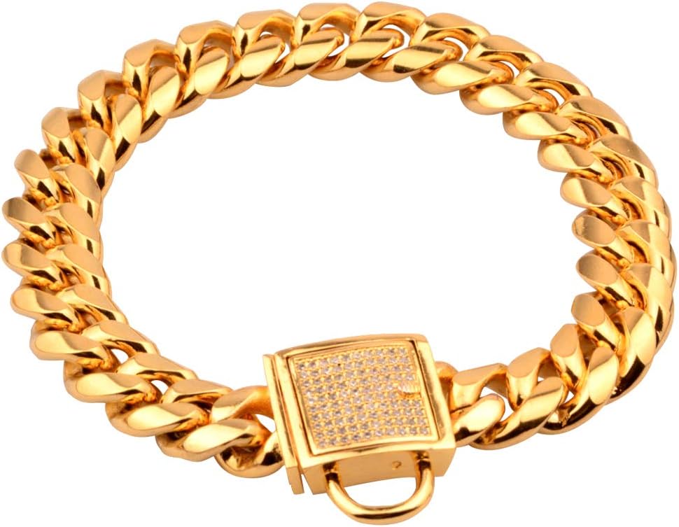 HuiTao Gold Dog Collar, Stainless Steel Heavy Duty Dog Chain Collar, 14mm 18K Gold Cuban Link Lock Buckle Pet Choker Necklace for Training