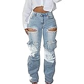 NRTHYE Womens High Waist Rhinestones Cargo Jeans Sexy Ripped Straight Leg Stretch Distressed Denim Trousers Pants