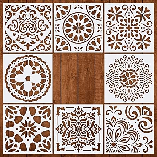 CZONG Pack of 8 Mandala Floor Painting Stencils Set (6x6 Inch) Laser Cut Wall Stencil Painting for Wood Floor Tiles Fabric Template