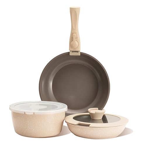 ZHANG XIAO QUAN SINCE 1628 Pots and Pans - 6PCS Aluminium Non Stick Cookware Set, Taupe, Oven Safe, PTFE/PFAS/PFOA Free, Detachable Handle