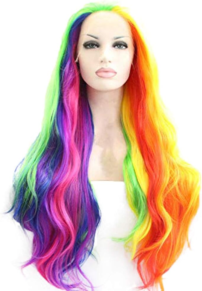 Corlorful Wig Rainbow Long Synthetic Lace Front Wigs for Women Mixed Colorful Lace Wig Handmade Nature Wavy Wig for Drag Queen Costume Make Up 24inch (Pink Blue Yellow Purple) - Image 4