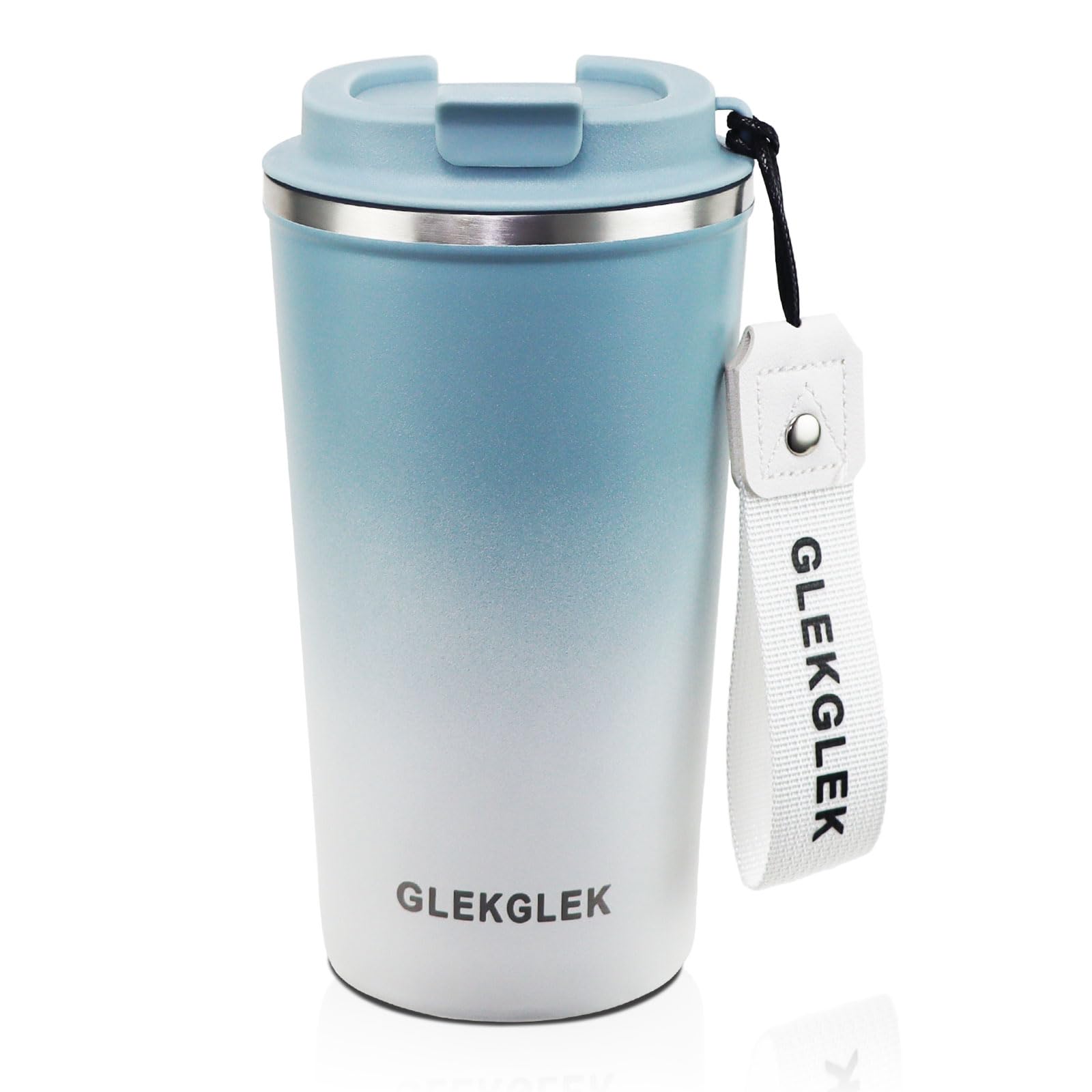 GLEKGLEK Insulated Travel Mug 500ml Reusable Thermal Coffee Cups for Hot Drinks with Lid and Strap (Blue White Gradient)