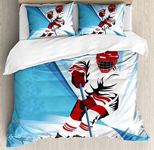Hockey 4 Piece Bedding Set Twin Size, Hockey Player Makes a Strong Shot on Goal Rival Illustration Abstract Backdrop, Duvet Cover Set Quilt Bedspread for Childrens/Kids/Teens/Adults, Blue Red White