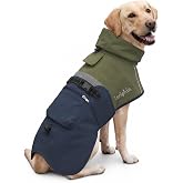 Luciphia Dog Raincoat, Adjustable Hooded Reflective Jacket with Pocket | Olive Navy XX-Large dog rain jacket with leash hole, buckle-on, non-stick fur. For daily walks.