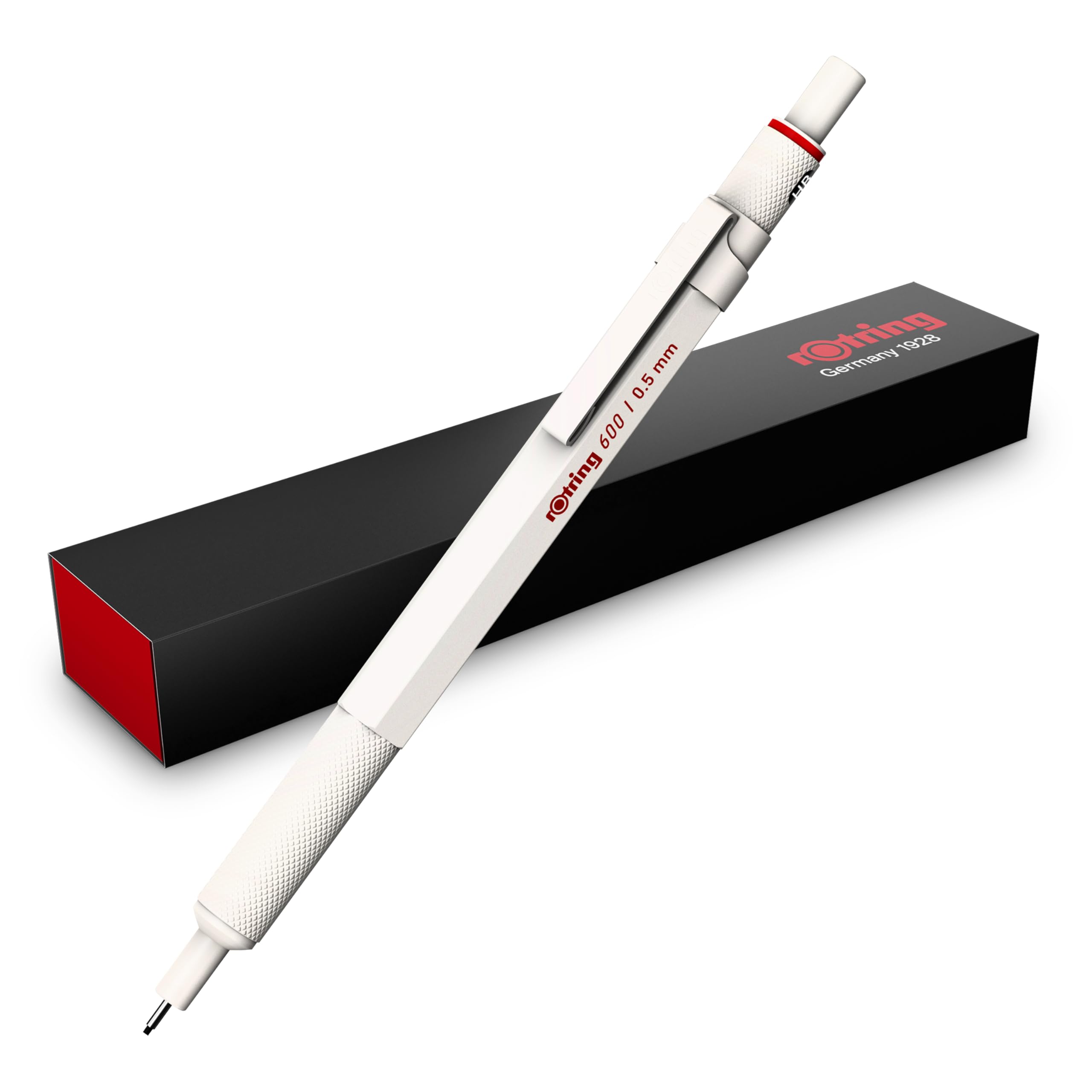 rOtring 600 Druckbleistift | HB-Mine0,5 mm | Drehminenstift mit Vollmetallschaft | Perlweiß | Rutschfestegerändelte Griffzone und Sechskantschaft