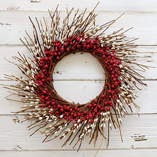 idyllic Rustic Twig Red Berry Wreath 14 Inches Pip Berries Valentine's Day Fall Autumn Indoor Outdoor Decorating Accessory