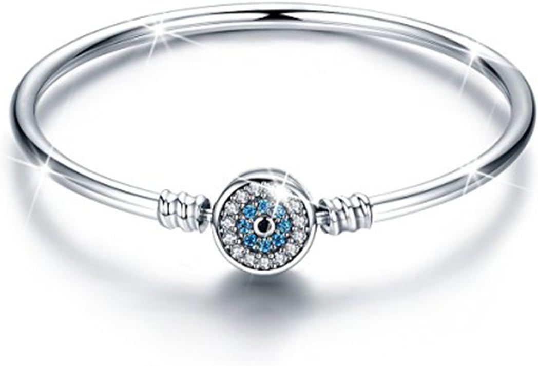925 Sterling Silver Evil Eye Cubic Zirconia Hamsa Bangle Snake Bracelet