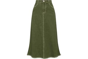 Belle Poque Vintage Denim Skirts for Women Elastic High Waist Frayed Raw Hem A-Line Maxi Long Jean Skirts with Pockets