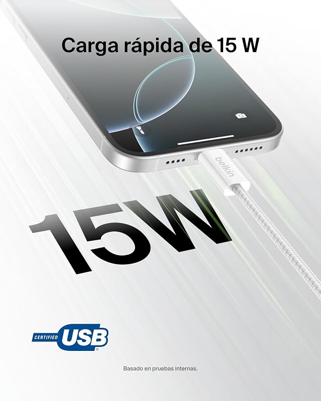 Pacote de 2 cabos trançados USB-A para USB-C de 1,5 m (15 W), carregamento rápido, cabos de alimentação USB tipo C flexíveis para iPhone 17 e 16, Galaxy S25, Pixel 10, iPad Pro e outros, branco