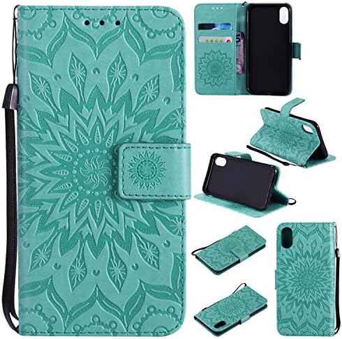 iPhone Xs Case,iPhone X Wallet Case,SMYTU Premium Emboss Sunflower Flip Wallet Shell PU Leather Magnetic Cover Skin with Wrist Strap Case for iPhone Xs(2018)&iPhone X(2017) 5.8"(Green)