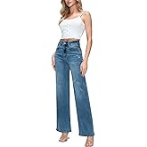 Yanhoo Women's Casual Wide Leg Jeans Trendy High-Waisted Denim Pants Medium Blue Distressed Full Length Relaxed Fit